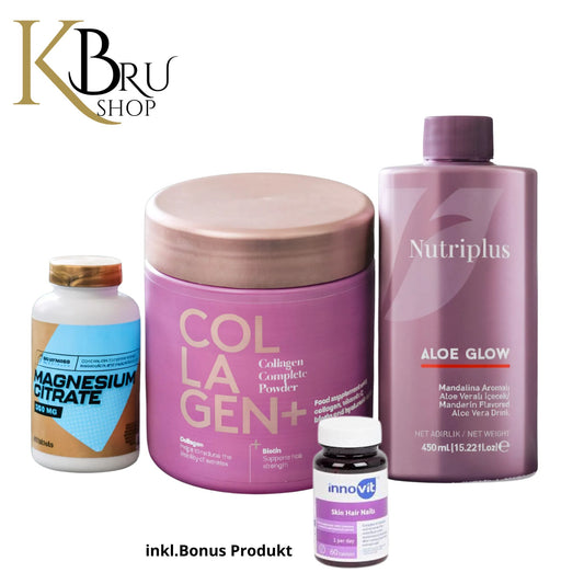 Beauty Kur Set – Kollagen Pulver, Magnesium 200 mg, Aloe Vera Konzentrat – Wellness Geschenkset + GRATIS Skin Hair Nails