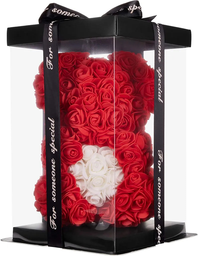 Rosenbär Blumenbär 25 cm - Blumen Geschenk zum Valentinstag Jahrestag Geburtstag Hochzeit - Geschenkbox inklusive - Rot mit Herz Weiß