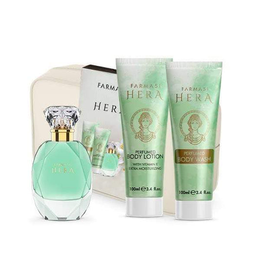HERA Set - Körperlotion, Duschgel, Parfüm und Kosmetiktasche: Umfassende Pflege