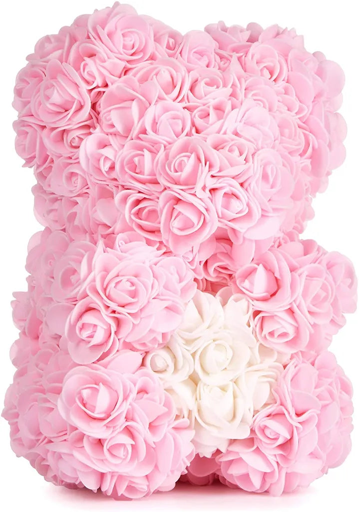 Rosenbär Blumenbär 25 cm - Blumen Geschenk zum Valentinstag Jahrestag Geburtstag Hochzeit - Geschenkbox inklusive - Rosa mit Herz Weiß