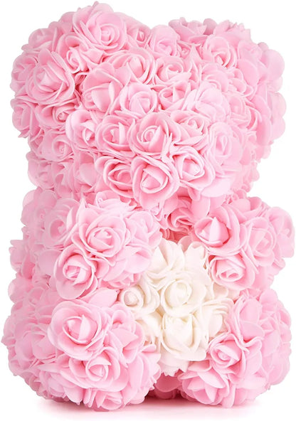 Rosenbär Blumenbär 25 cm - Blumen Geschenk zum Valentinstag Jahrestag Geburtstag Hochzeit - Geschenkbox inklusive - Rosa mit Herz Weiß