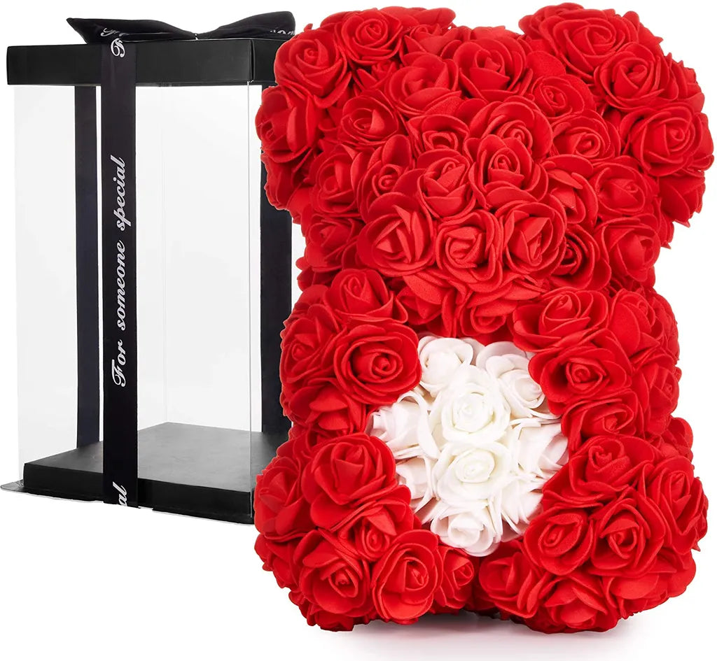 Rosenbär Blumenbär 25 cm - Blumen Geschenk zum Valentinstag Jahrestag Geburtstag Hochzeit - Geschenkbox inklusive - Rot mit Herz Weiß
