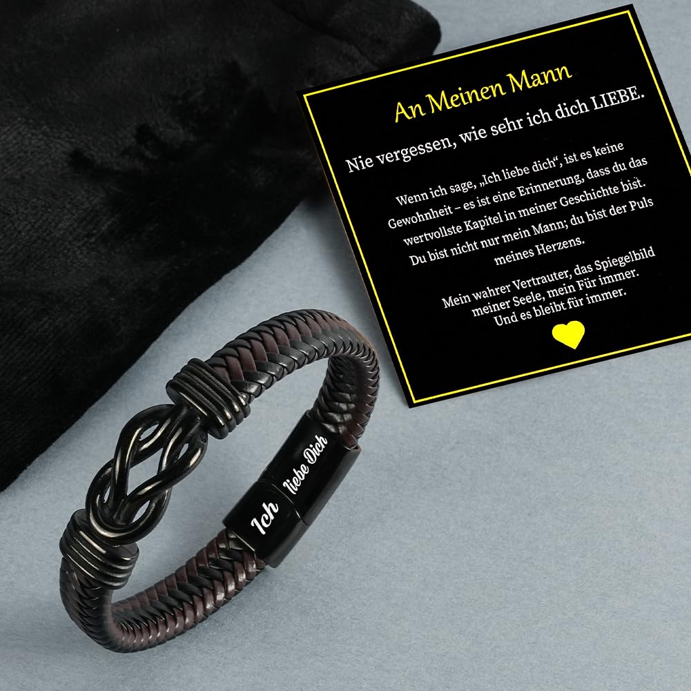 Premium Leather Bracelet for Men, Ich Liebe Dich Gifts for Men, Black, Stainless Steel Engraving, Braided with Magnetic Clasp, Leather Bracelet for Husband and Son