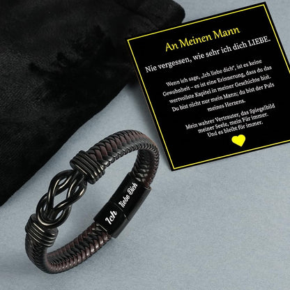 Premium Leather Bracelet for Men, Ich Liebe Dich Gifts for Men, Black, Stainless Steel Engraving, Braided with Magnetic Clasp, Leather Bracelet for Husband and Son
