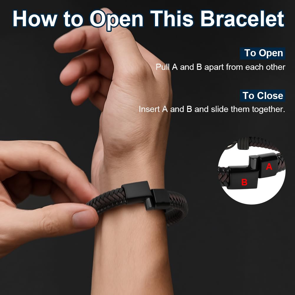 Premium Leather Bracelet for Men, Ich Liebe Dich Gifts for Men, Black, Stainless Steel Engraving, Braided with Magnetic Clasp, Leather Bracelet for Husband and Son