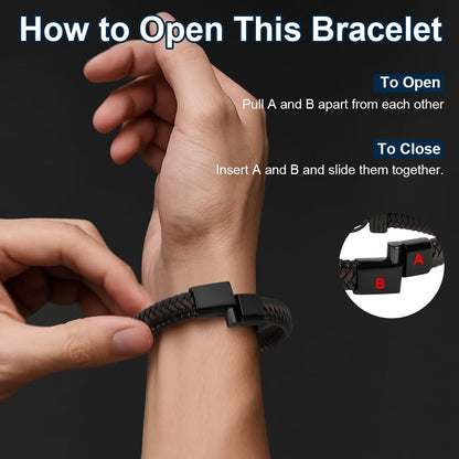 Premium Leather Bracelet for Men, Ich Liebe Dich Gifts for Men, Black, Stainless Steel Engraving, Braided with Magnetic Clasp, Leather Bracelet for Husband and Son