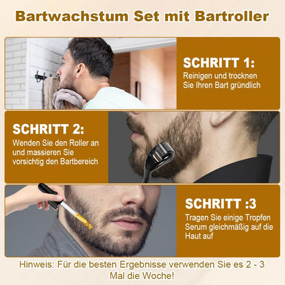 Bartwachstum Set für Männer – Beard Growth Kit mit Derma Roller & Bartöl (60 ml) – Natürliches Bartwuchs Serum für dichteren Bart, Schnurrbart & Haarwachstum – Ideales Geschenk für Männer