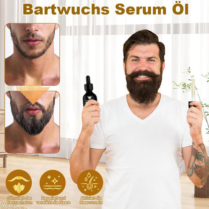 Bartwachstum Set für Männer – Beard Growth Kit mit Derma Roller & Bartöl (60 ml) – Natürliches Bartwuchs Serum für dichteren Bart, Schnurrbart & Haarwachstum – Ideales Geschenk für Männer