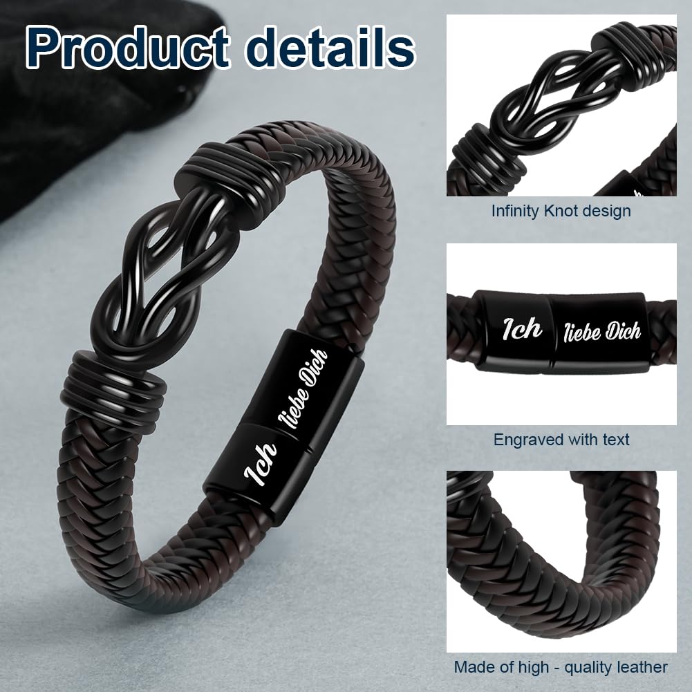 Premium Leather Bracelet for Men, Ich Liebe Dich Gifts for Men, Black, Stainless Steel Engraving, Braided with Magnetic Clasp, Leather Bracelet for Husband and Son