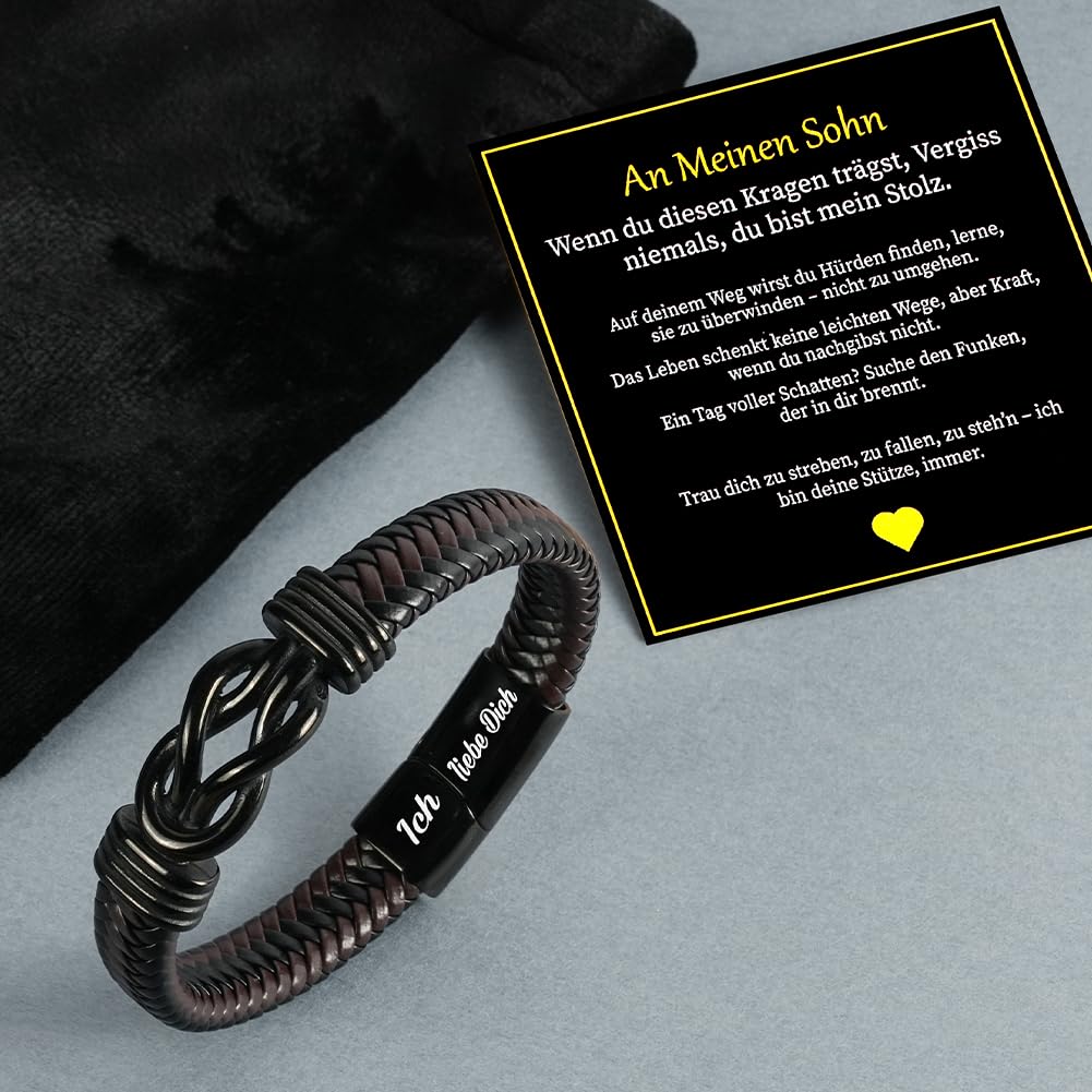 Premium Leather Bracelet for Men, Ich Liebe Dich Gifts for Men, Black, Stainless Steel Engraving, Braided with Magnetic Clasp, Leather Bracelet for Husband and Son
