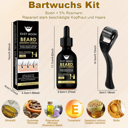 Bartwachstum Set für Männer – Beard Growth Kit mit Derma Roller & Bartöl (60 ml) – Natürliches Bartwuchs Serum für dichteren Bart, Schnurrbart & Haarwachstum – Ideales Geschenk für Männer