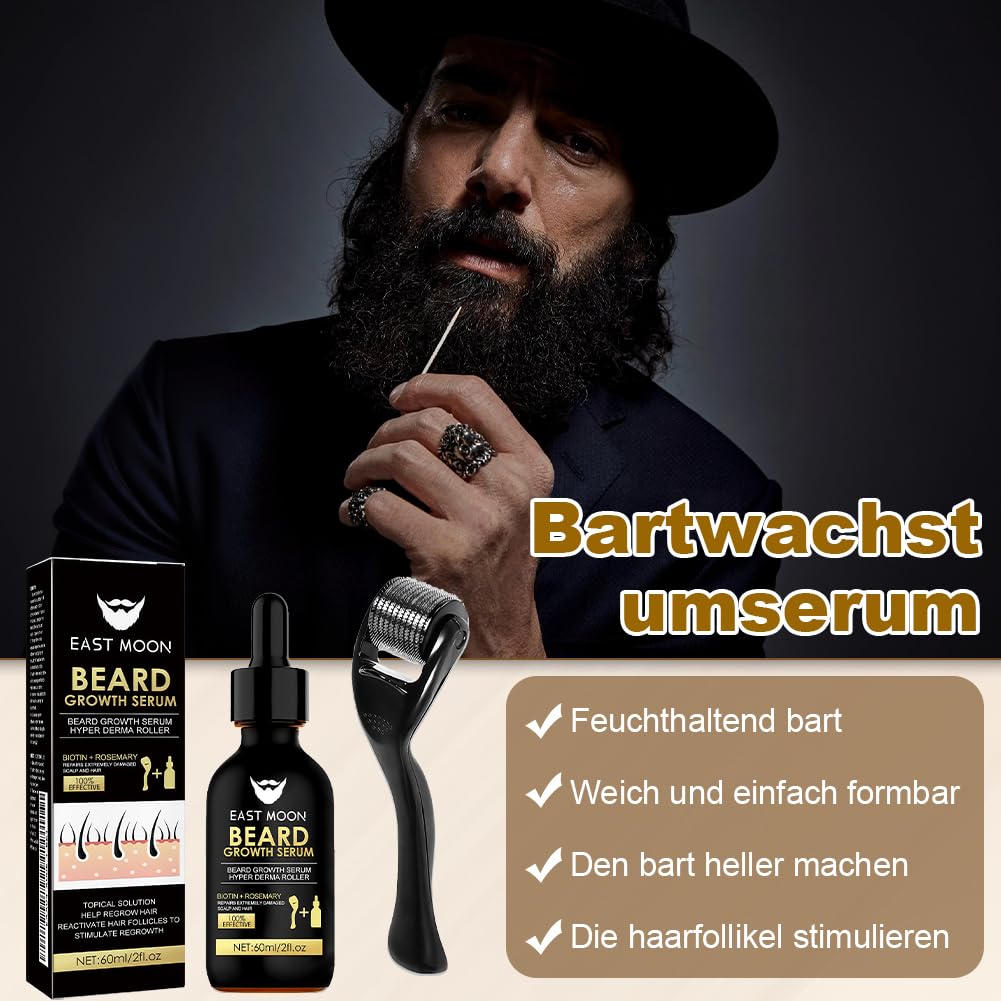 Bartwachstum Set für Männer – Beard Growth Kit mit Derma Roller & Bartöl (60 ml) – Natürliches Bartwuchs Serum für dichteren Bart, Schnurrbart & Haarwachstum – Ideales Geschenk für Männer