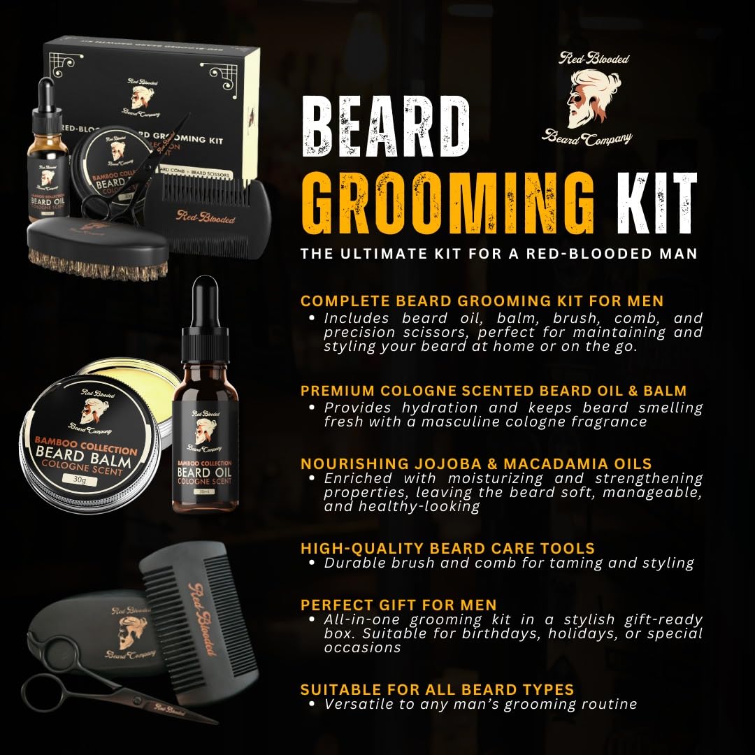 Red-Blooded Premium Bartpflegeset für Männer – Komplettes Beard Care Kit mit Bartöl, Bartbalsam, Bürste, Kamm & Schere – Cologne-Duft mit Jojoba- & Macadamiaöl