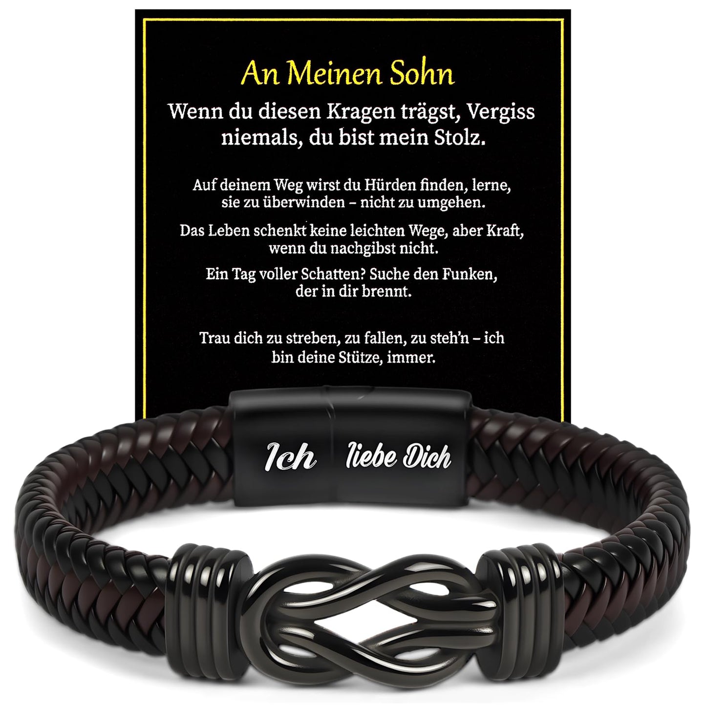 Premium Leather Bracelet for Men, Ich Liebe Dich Gifts for Men, Black, Stainless Steel Engraving, Braided with Magnetic Clasp, Leather Bracelet for Husband and Son