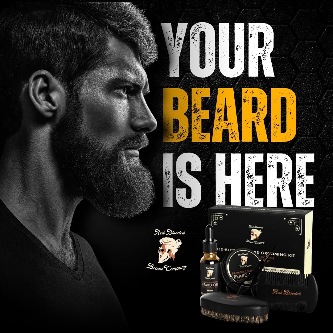 Red-Blooded Premium Bartpflegeset für Männer – Komplettes Beard Care Kit mit Bartöl, Bartbalsam, Bürste, Kamm & Schere – Cologne-Duft mit Jojoba- & Macadamiaöl