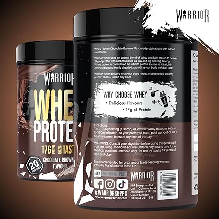 Warrior Whey Proteinpulver 500g (Schoko-Brownie) – muskelaturaufbau & Regeneration – Protein-Shake mit BCAAs, kohlenhydratarm & lecker – 20 Portionen für Fitness, Training & Sporternährung