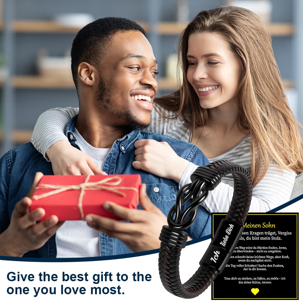 Premium Leather Bracelet for Men, Ich Liebe Dich Gifts for Men, Black, Stainless Steel Engraving, Braided with Magnetic Clasp, Leather Bracelet for Husband and Son