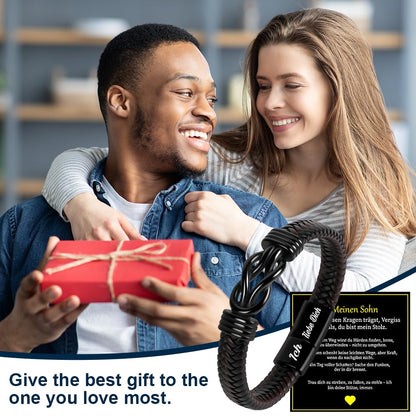 Premium Leather Bracelet for Men, Ich Liebe Dich Gifts for Men, Black, Stainless Steel Engraving, Braided with Magnetic Clasp, Leather Bracelet for Husband and Son