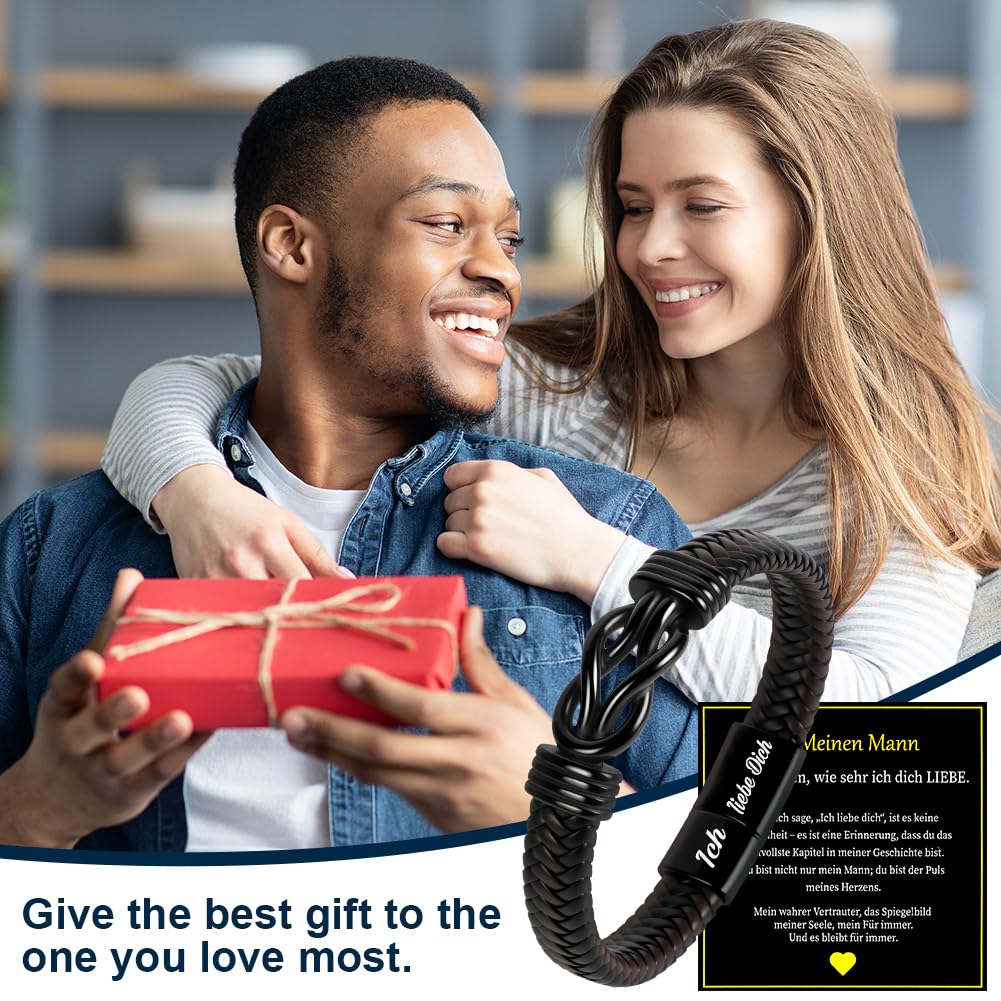 Premium Leather Bracelet for Men, Ich Liebe Dich Gifts for Men, Black, Stainless Steel Engraving, Braided with Magnetic Clasp, Leather Bracelet for Husband and Son