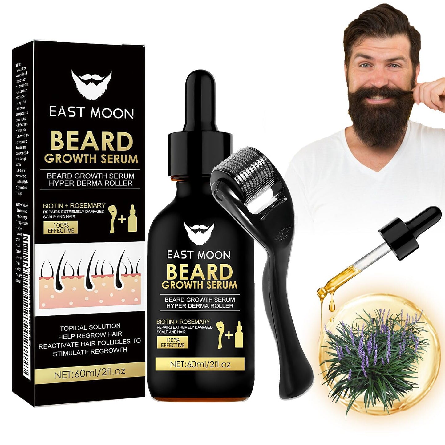 Bartwachstum Set für Männer – Beard Growth Kit mit Derma Roller & Bartöl (60 ml) – Natürliches Bartwuchs Serum für dichteren Bart, Schnurrbart & Haarwachstum – Ideales Geschenk für Männer