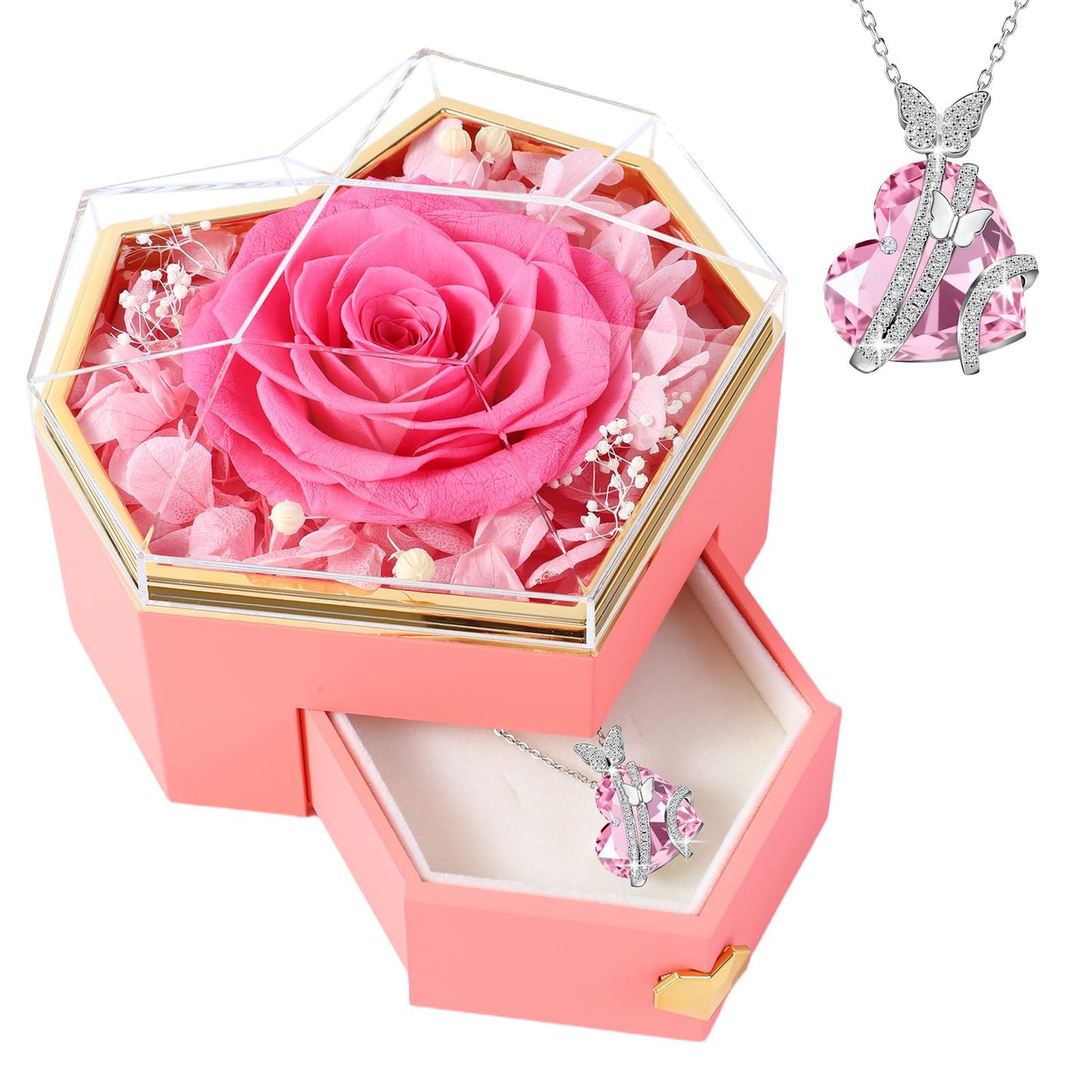 Ewige Rose mit Herz-Schmuck – Luxuriöses Geschenkset für besondere Momente
