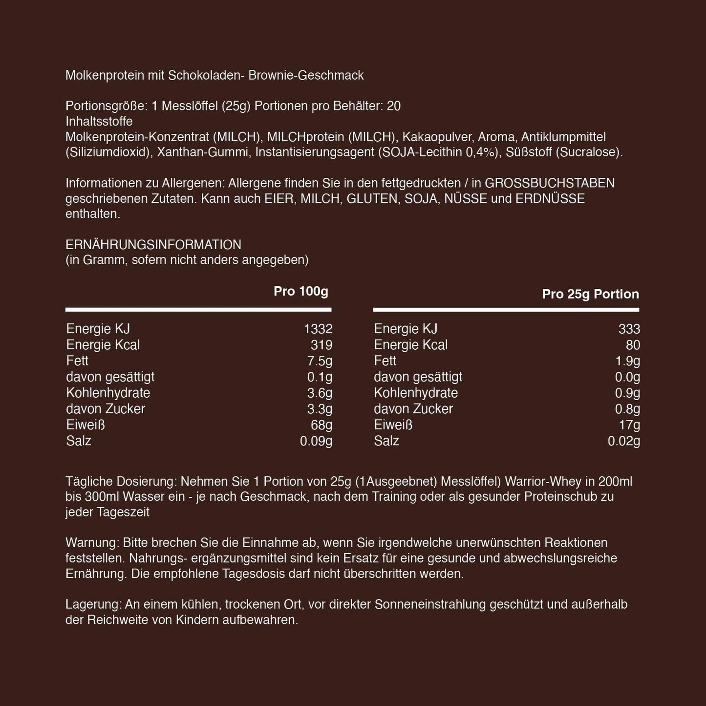 Warrior Whey Proteinpulver 500g (Schoko-Brownie) – muskelaturaufbau & Regeneration – Protein-Shake mit BCAAs, kohlenhydratarm & lecker – 20 Portionen für Fitness, Training & Sporternährung
