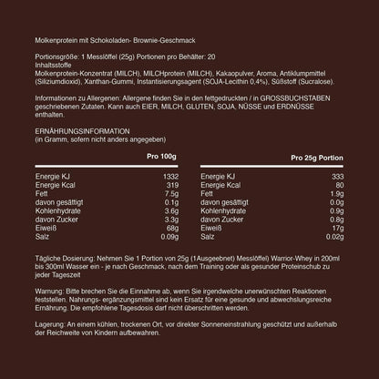 Warrior Whey Proteinpulver 500g (Schoko-Brownie) – muskelaturaufbau & Regeneration – Protein-Shake mit BCAAs, kohlenhydratarm & lecker – 20 Portionen für Fitness, Training & Sporternährung