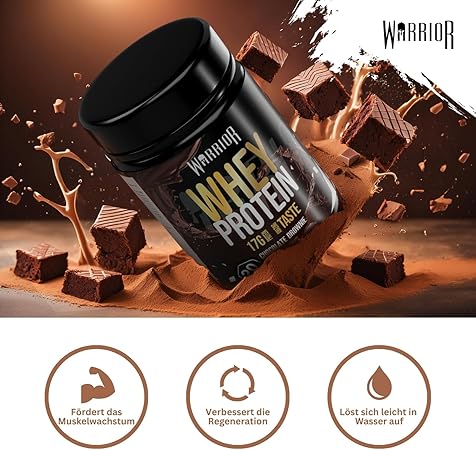 Warrior Whey Proteinpulver 500g (Schoko-Brownie) – muskelaturaufbau & Regeneration – Protein-Shake mit BCAAs, kohlenhydratarm & lecker – 20 Portionen für Fitness, Training & Sporternährung