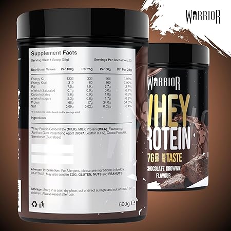 Warrior Whey Proteinpulver 500g (Schoko-Brownie) – muskelaturaufbau & Regeneration – Protein-Shake mit BCAAs, kohlenhydratarm & lecker – 20 Portionen für Fitness, Training & Sporternährung