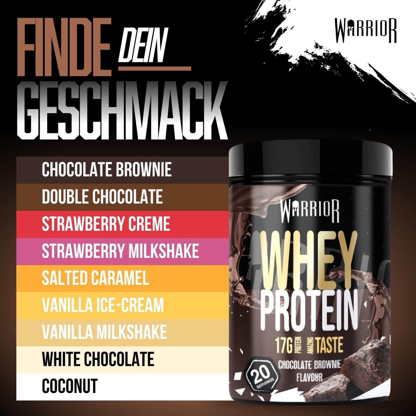 Warrior Whey Proteinpulver 500g (Schoko-Brownie) – muskelaturaufbau & Regeneration – Protein-Shake mit BCAAs, kohlenhydratarm & lecker – 20 Portionen für Fitness, Training & Sporternährung