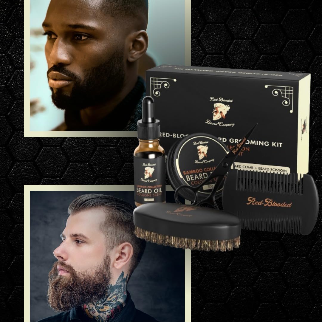 Red-Blooded Premium Bartpflegeset für Männer – Komplettes Beard Care Kit mit Bartöl, Bartbalsam, Bürste, Kamm & Schere – Cologne-Duft mit Jojoba- & Macadamiaöl