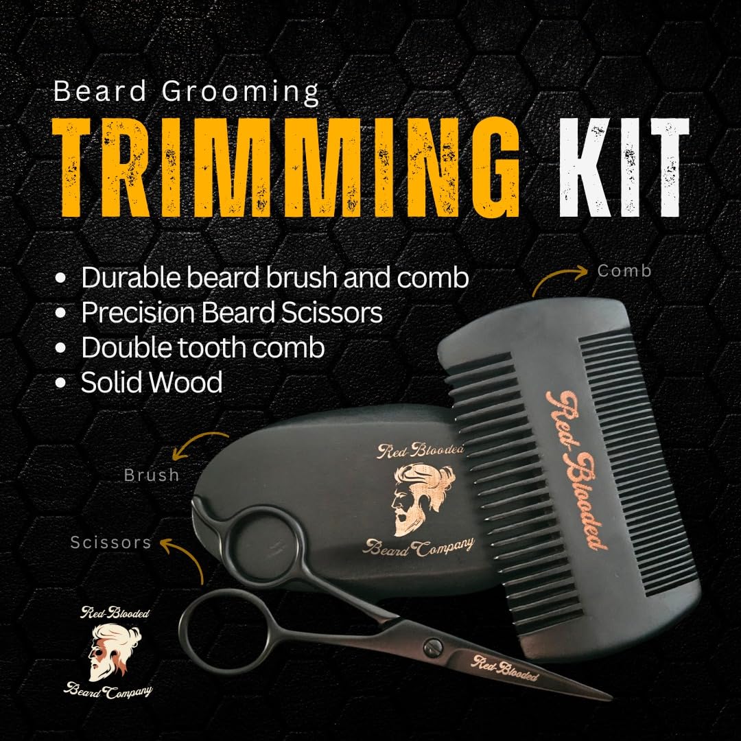 Red-Blooded Premium Bartpflegeset für Männer – Komplettes Beard Care Kit mit Bartöl, Bartbalsam, Bürste, Kamm & Schere – Cologne-Duft mit Jojoba- & Macadamiaöl