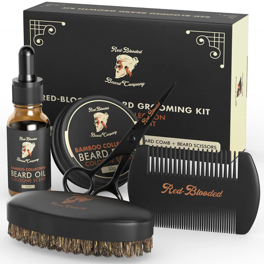 Red-Blooded Premium Bartpflegeset für Männer – Komplettes Beard Care Kit mit Bartöl, Bartbalsam, Bürste, Kamm & Schere – Cologne-Duft mit Jojoba- & Macadamiaöl