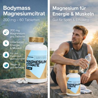Bodymass Magnesiumcitrat 200 mg – 60 Tabletten – Hoch bioverfügbares Magnesium für Muskeln, Energiestoffwechsel & Nerven – Vegan – Nahrungsergänzungsmittel