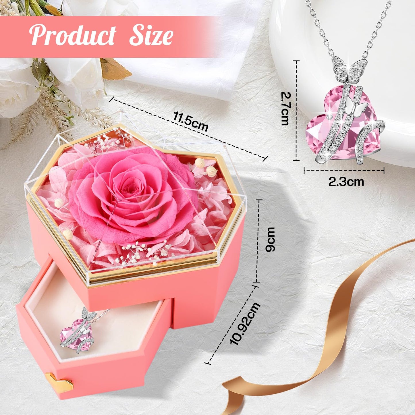 Ewige Rose mit Herz-Schmuck – Luxuriöses Geschenkset für besondere Momente