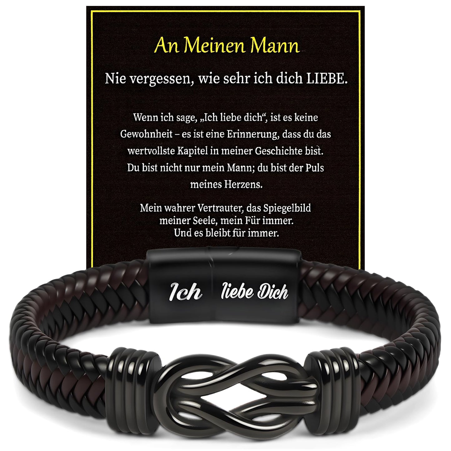 Premium Leather Bracelet for Men, Ich Liebe Dich Gifts for Men, Black, Stainless Steel Engraving, Braided with Magnetic Clasp, Leather Bracelet for Husband and Son