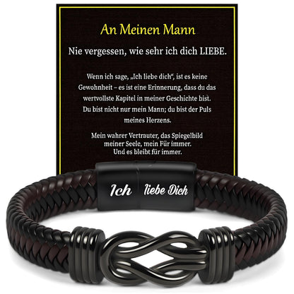 Premium Leather Bracelet for Men, Ich Liebe Dich Gifts for Men, Black, Stainless Steel Engraving, Braided with Magnetic Clasp, Leather Bracelet for Husband and Son