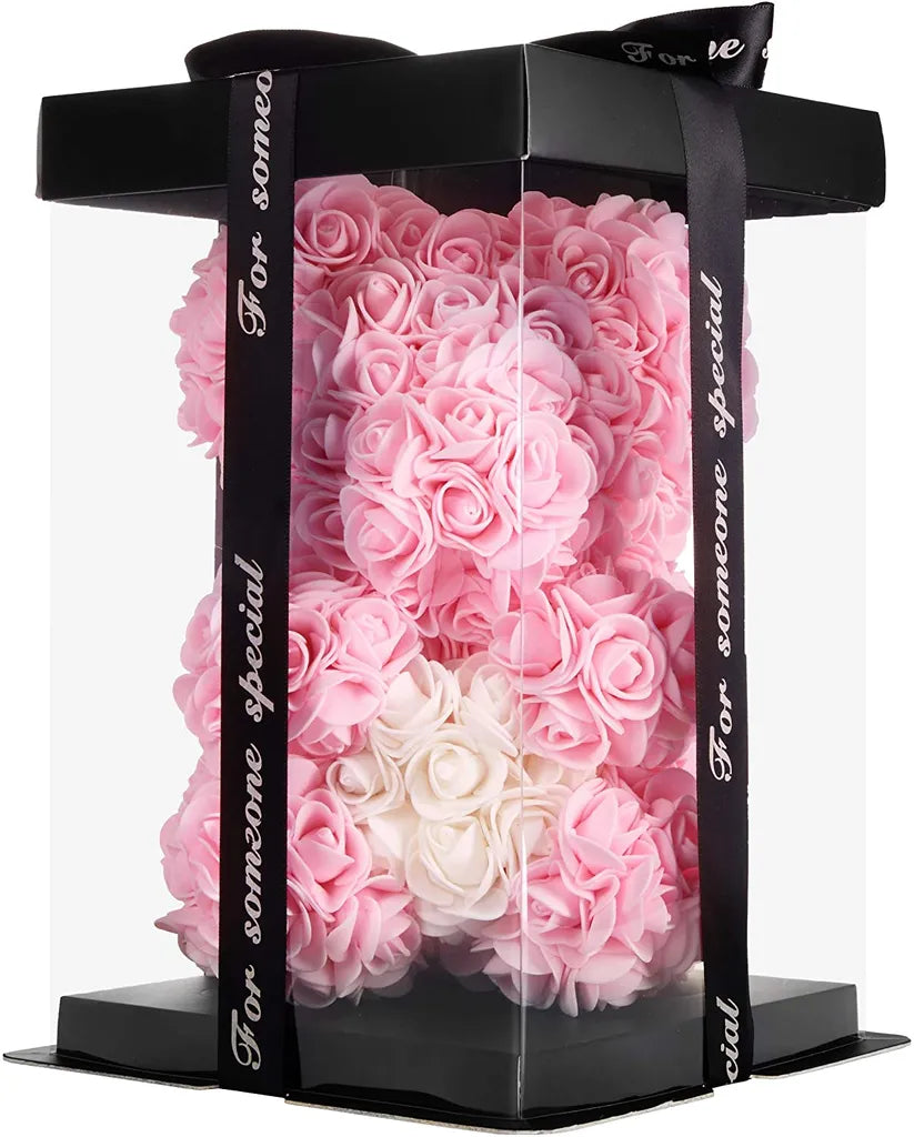 Rosenbär Blumenbär 25 cm - Blumen Geschenk zum Valentinstag Jahrestag Geburtstag Hochzeit - Geschenkbox inklusive - Rosa mit Herz Weiß