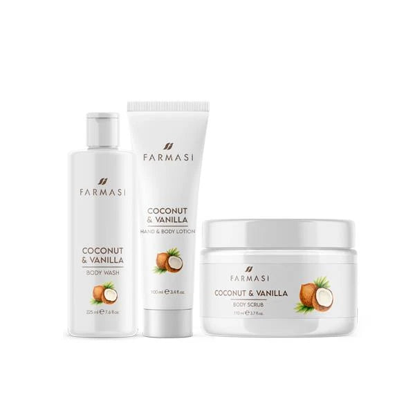 Farmasi Body Care Set – Coconut & Vanilla Wellness Geschenkset (Duschgel, Peeling & Balsam)
