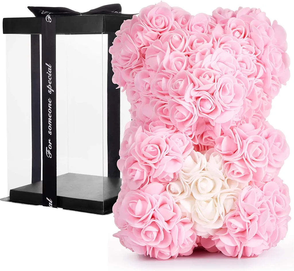 Rosenbär Blumenbär 25 cm - Blumen Geschenk zum Valentinstag Jahrestag Geburtstag Hochzeit - Geschenkbox inklusive - Rosa mit Herz Weiß