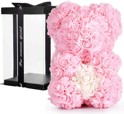 Rosenbär Blumenbär 25 cm - Blumen Geschenk zum Valentinstag Jahrestag Geburtstag Hochzeit - Geschenkbox inklusive - Rosa mit Herz Weiß