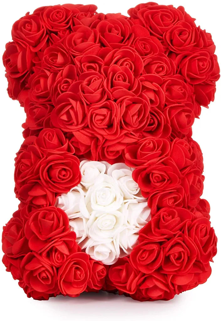 Rosenbär Blumenbär 25 cm - Blumen Geschenk zum Valentinstag Jahrestag Geburtstag Hochzeit - Geschenkbox inklusive - Rot mit Herz Weiß