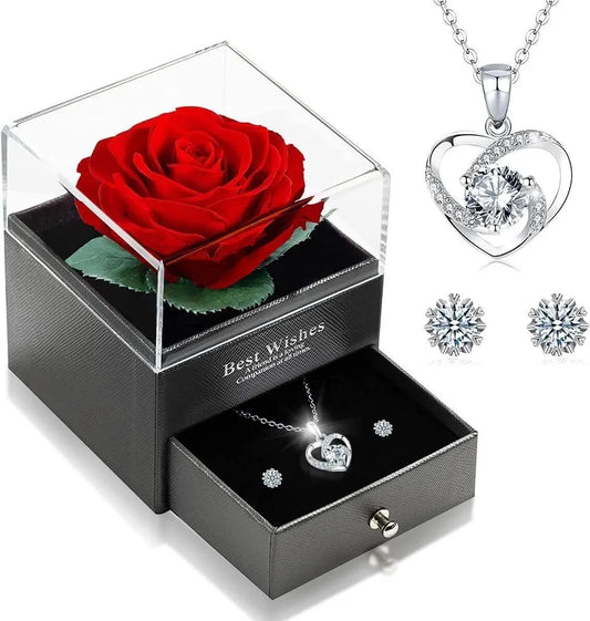 JUNG Silberkette Ewige Echte Rose mit Herz Halskette & Ohrringe aus 925 Sterlingsilber (Geschenk für Frauen, Damen, Schmuck, Konservierte Blume)