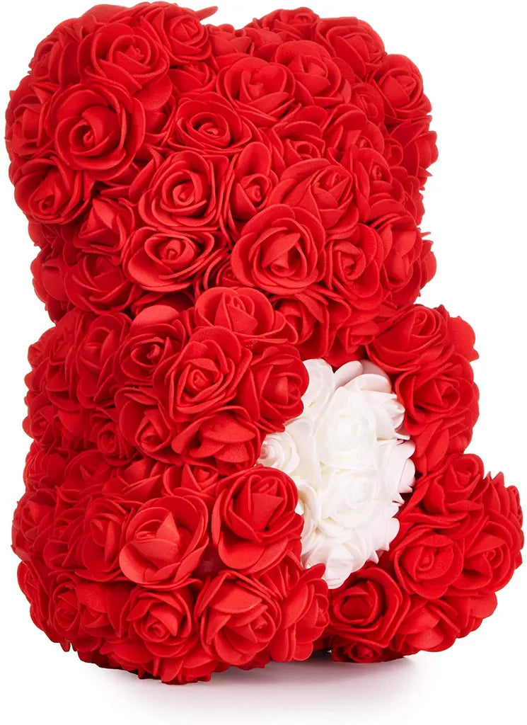 Rosenbär Blumenbär 25 cm - Blumen Geschenk zum Valentinstag Jahrestag Geburtstag Hochzeit - Geschenkbox inklusive - Rot mit Herz Weiß