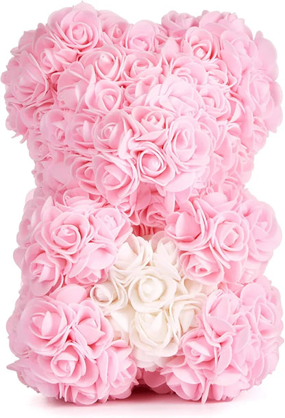 Rosenbär Blumenbär 25 cm - Blumen Geschenk zum Valentinstag Jahrestag Geburtstag Hochzeit - Geschenkbox inklusive - Rosa mit Herz Weiß