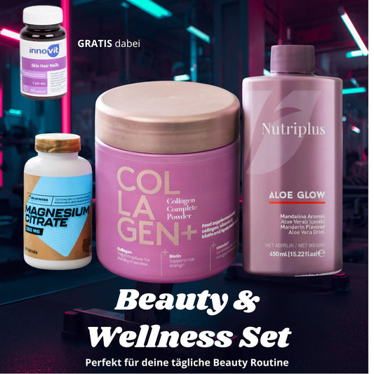 Beauty Kur Set – Kollagen Pulver, Magnesium 200 mg, Aloe Vera Konzentrat – Wellness Geschenkset + GRATIS Skin Hair Nails
