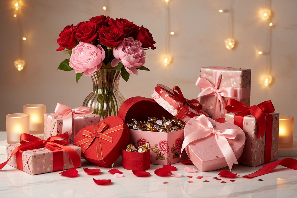 Wygeneruj obraz dla sklepu internetowego z prezentami pod zblizajace sie walentynki. Na zdjeciu musza odbijac białe napisy ktore mam już na stronie internetowej 